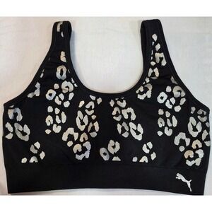 Puma Womens Sports Bra Black Silver Metallic Leopard Print Cat Logo Activewear
